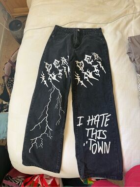 I Hate This Town Black Graphic Wide-Leg Jeans